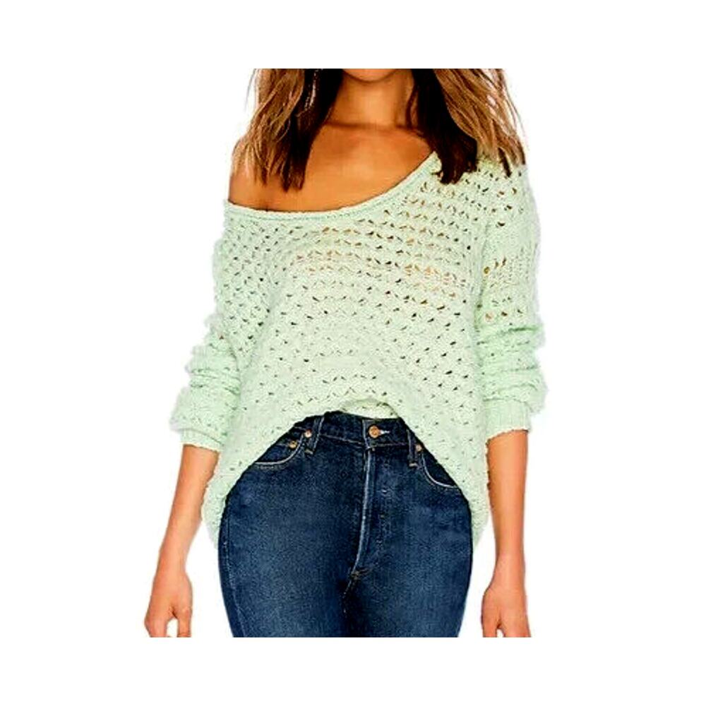 Free People Crashing Waves Mint Green Over Sized Off Shoulder Sweater Sz Small